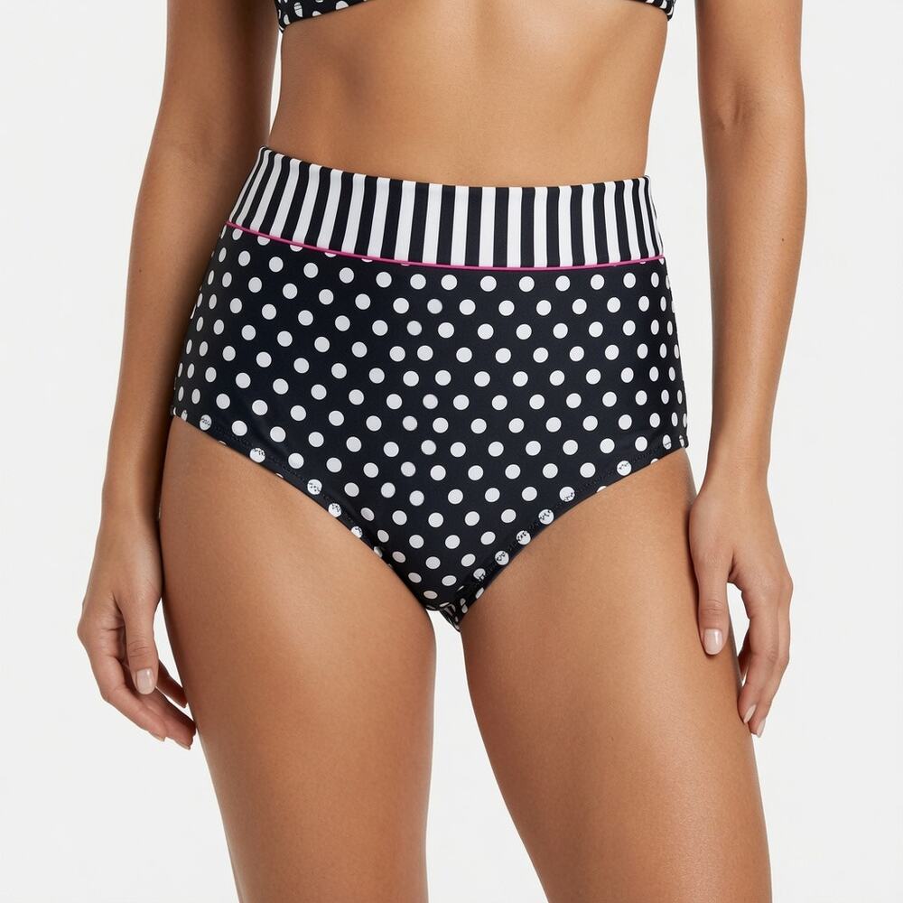 Kiwitata Tata 60s Style Black & White Polka Dot High Rise Bikini Bottoms S